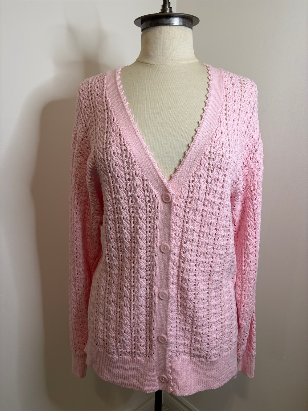 WILFRED Pink Reverence Cardigan Open Knit Pointelle Cotton V-Neck Sweater SIZE L